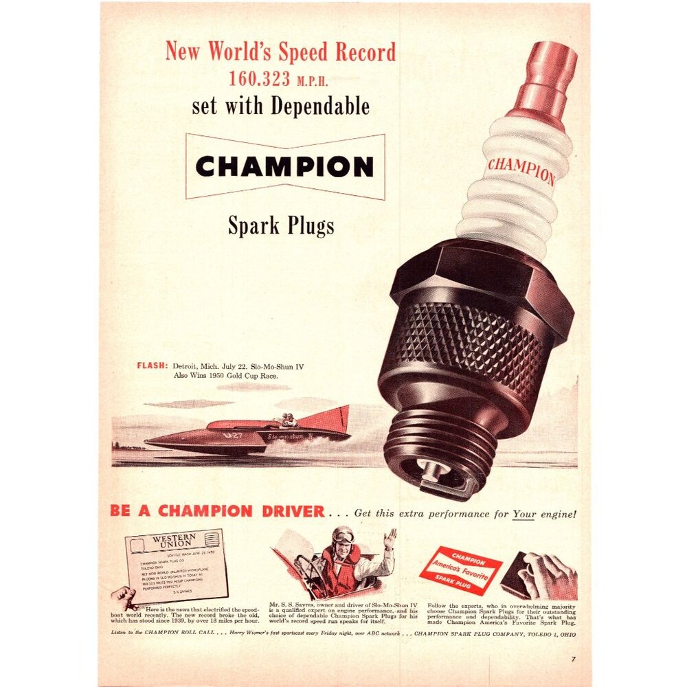 1950 Champion Spark Plugs Speed Boat Record Vintage Print Ad Speedboat Wall Art